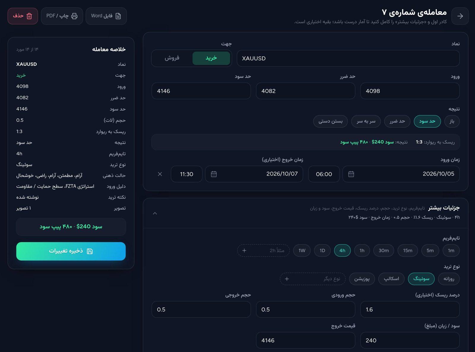 فرم ثبت معامله: نماد، ورود، حد ضرر و سود، نتیجه، تایم‌فریم و تصویر چارت