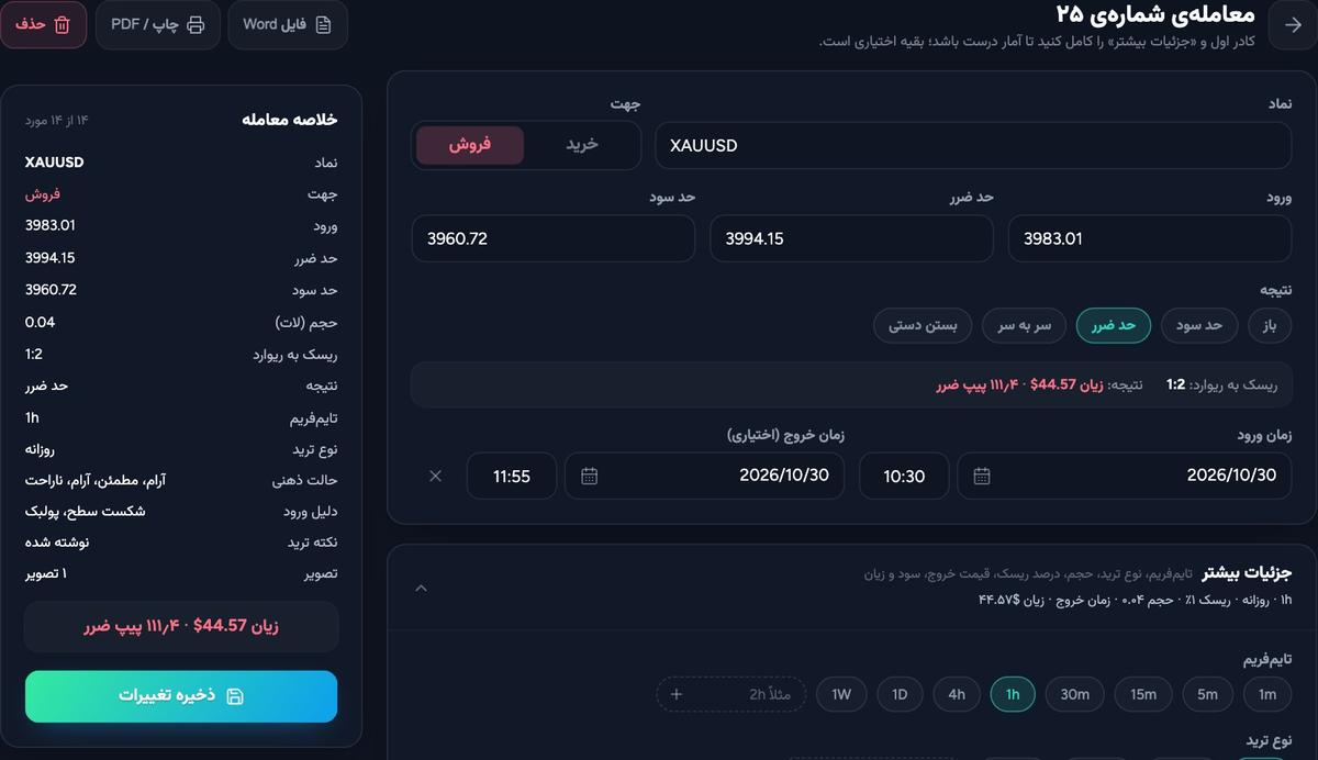فرم ثبت معامله در ژورنال معاملاتی