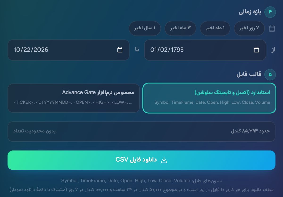 انتخاب بازه‌ی زمانی و قالب فایل CSV در فرم دانلود دیتا؛ قالب استاندارد برای اکسل و قالب Advance Gate