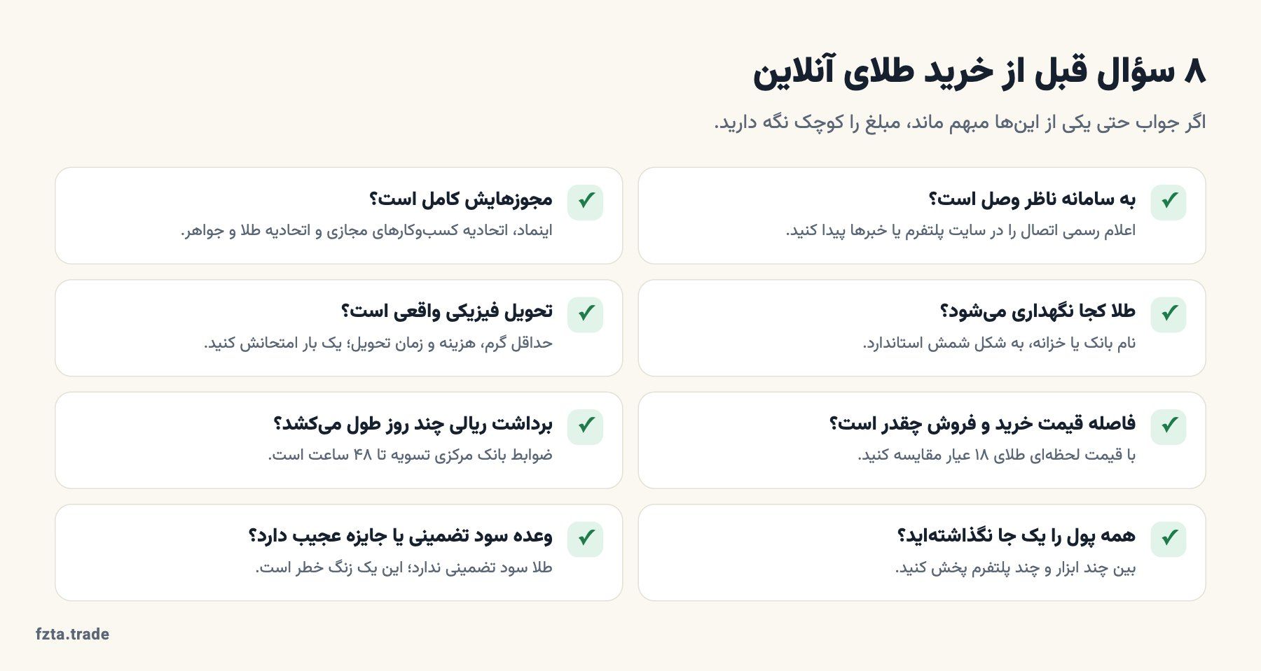 چک‌لیست ۸ سؤالی پیش از خرید طلای آنلاین